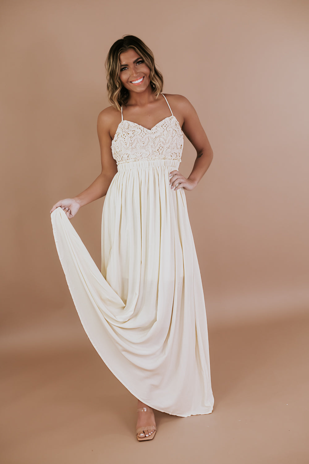 Crochet Lace Maxi Dress Antique Champagne