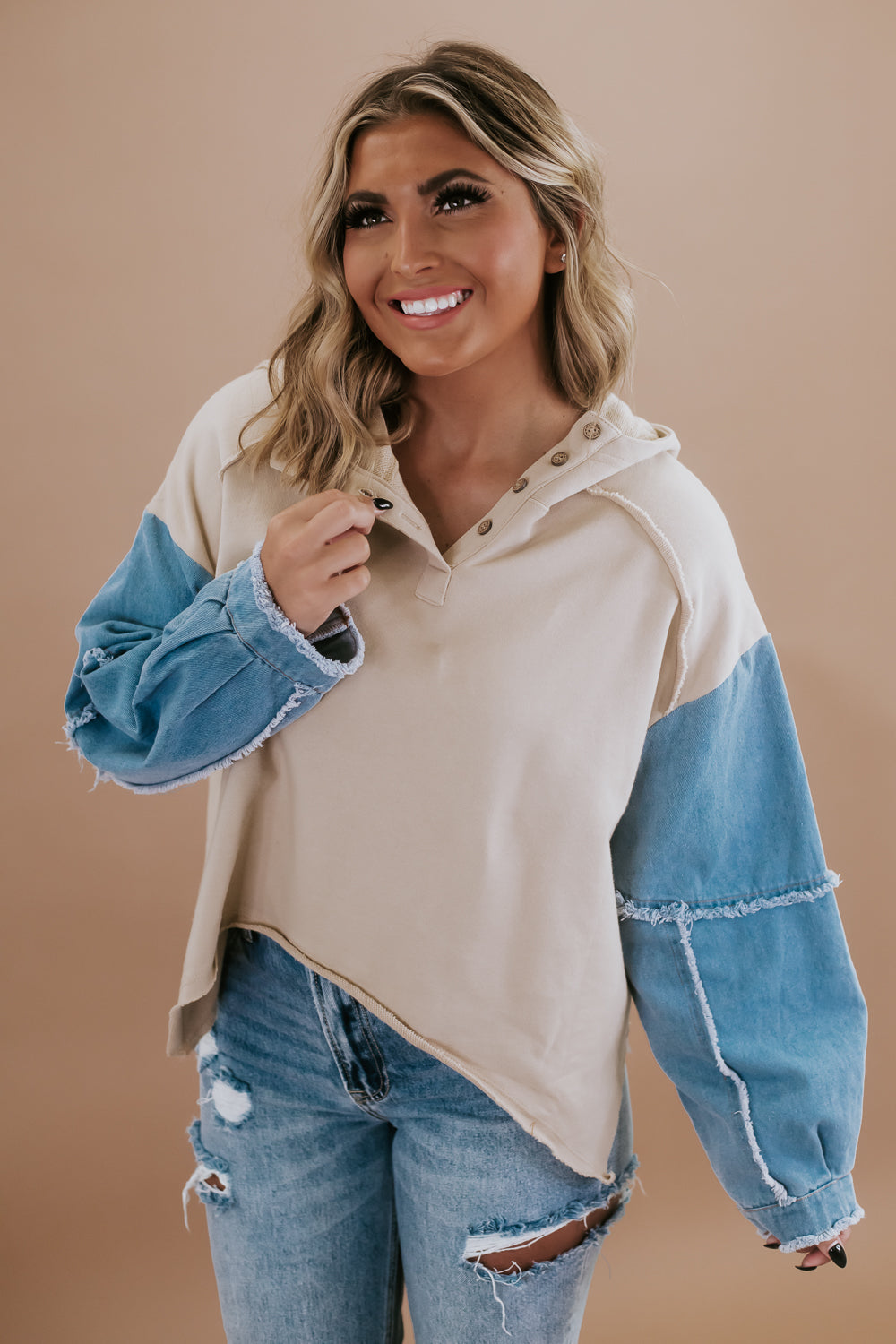 Denim Contrast Hoodie Taupe Everyday Chic Boutique