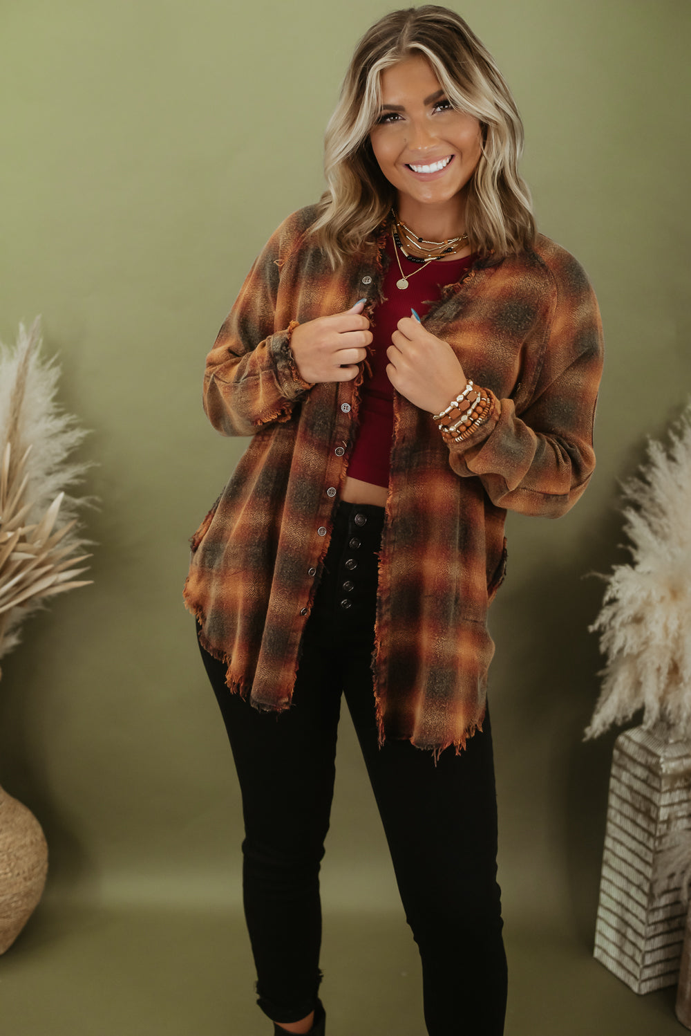 Everyday Chic Boutique Dip Dyed Button Up Flannel, Red Small