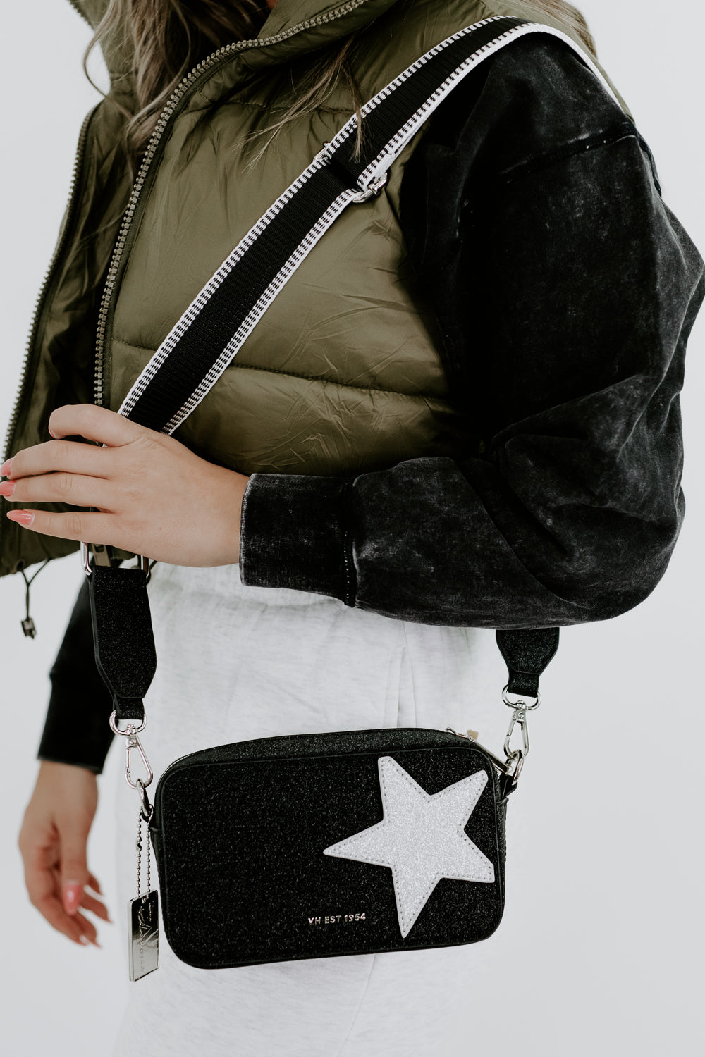 Puffer Crossbody Backpack in Shimmer Gray with Silver Star