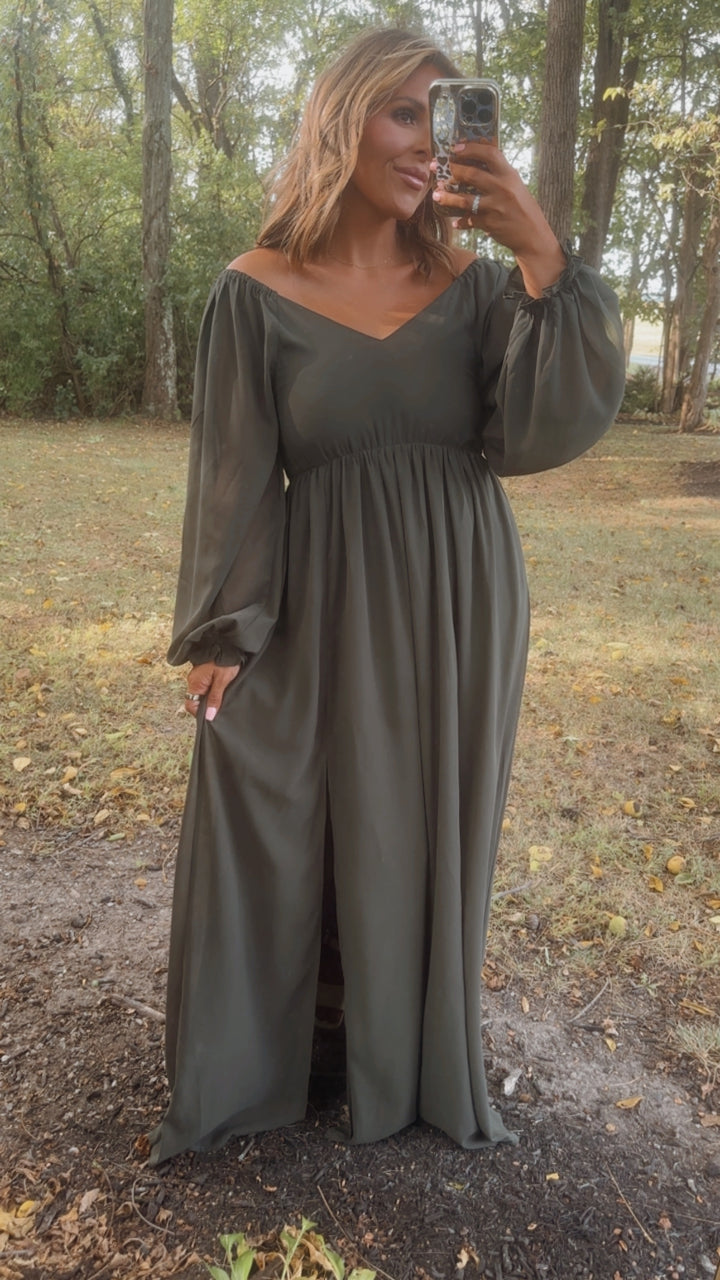 ECB Exclusive: Timeless Romantic Chiffon Maxi Dress, Olive