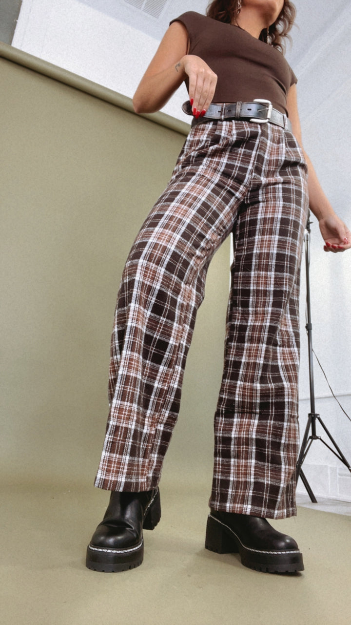 Plaid Straight Leg Pants, Brown