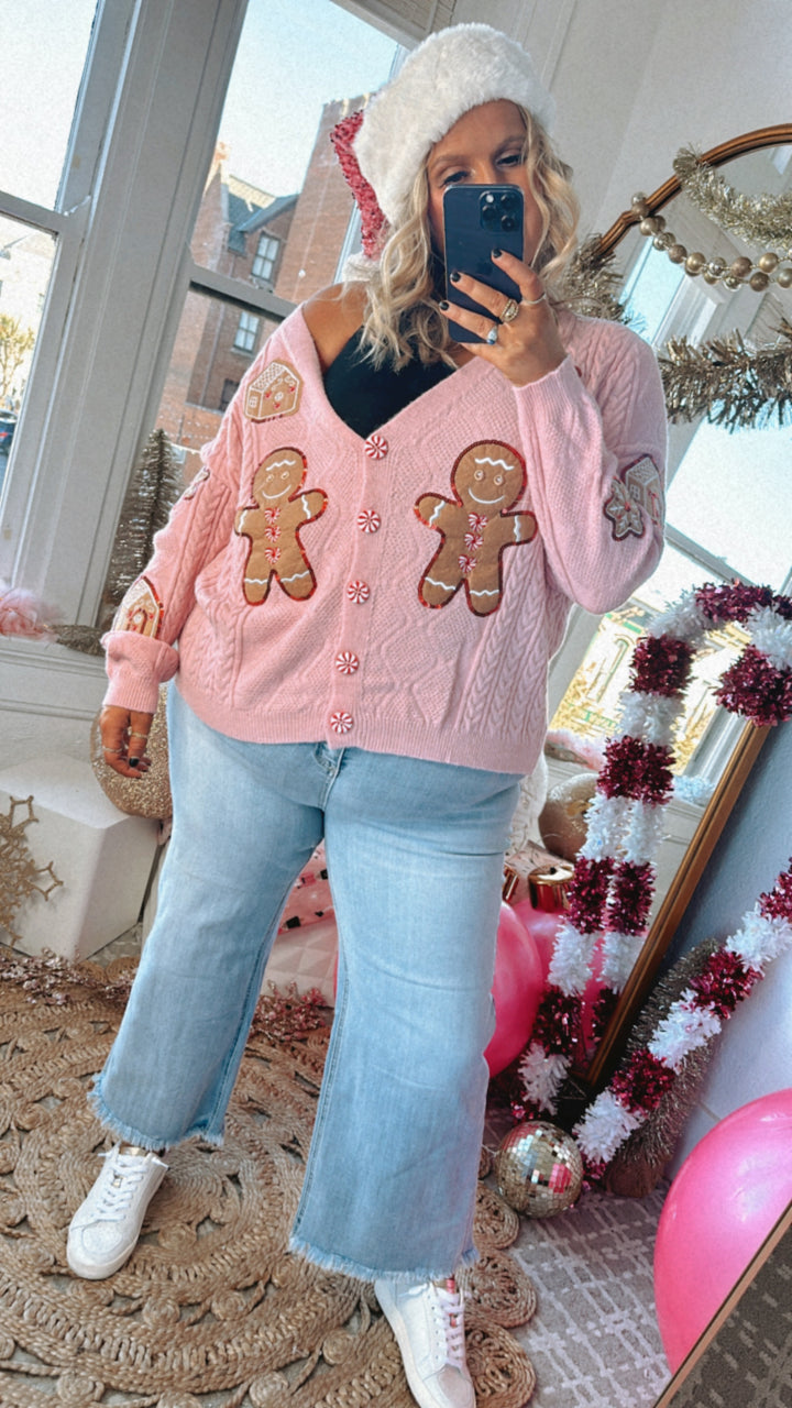 Holiday Gingerbread Man Cardi, Pink