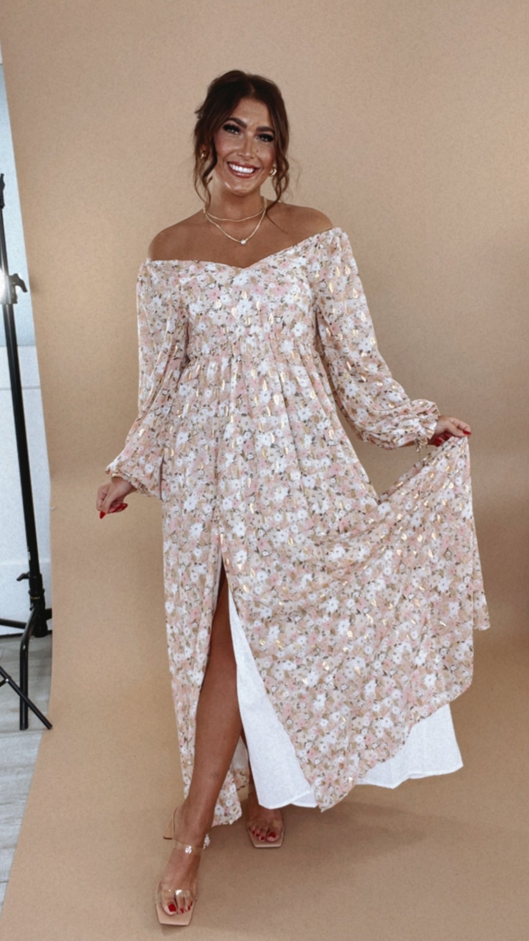 ECB Exclusive: Timeless Romantic Chiffon Maxi Dress, Pink Floral