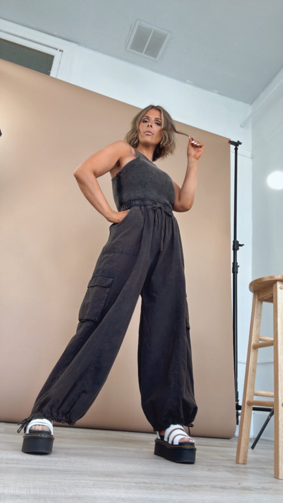 Corrie Cargo Pant Jumpsuit, Black