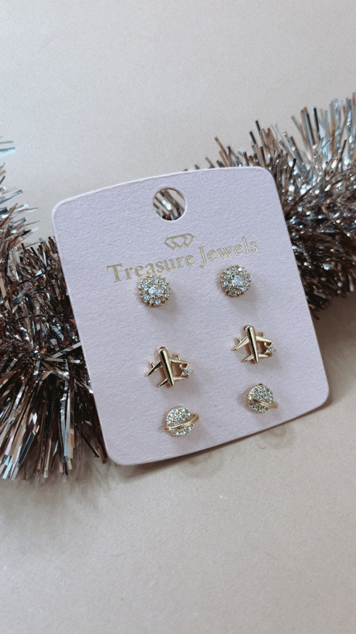 Treasure Jewels: Airplane Stud Earring Set Gold