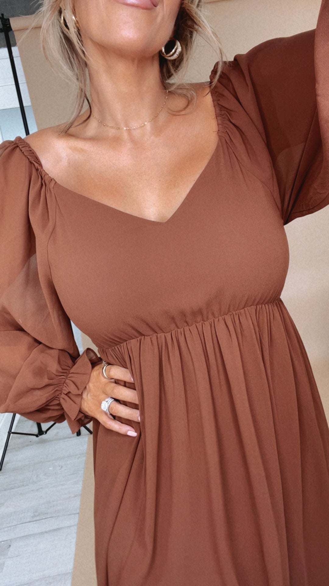 PREORDER 10.7.24 ECB Exclusive: Timeless Romantic Chiffon Maxi Dress, Brown