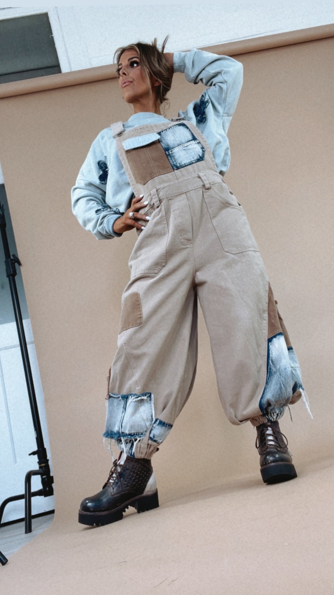 Picture This Patchwork Bib Overalls, Khaki