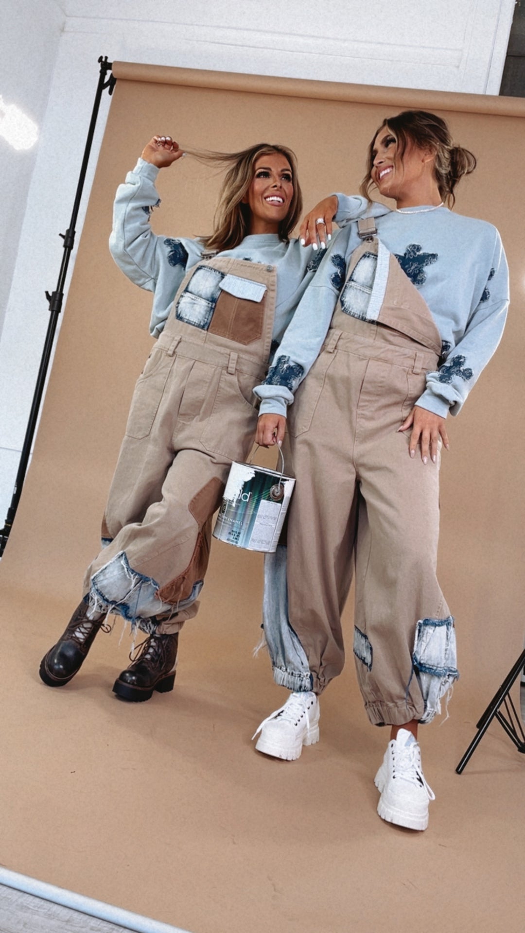 Picture This Patchwork Bib Overalls, Khaki