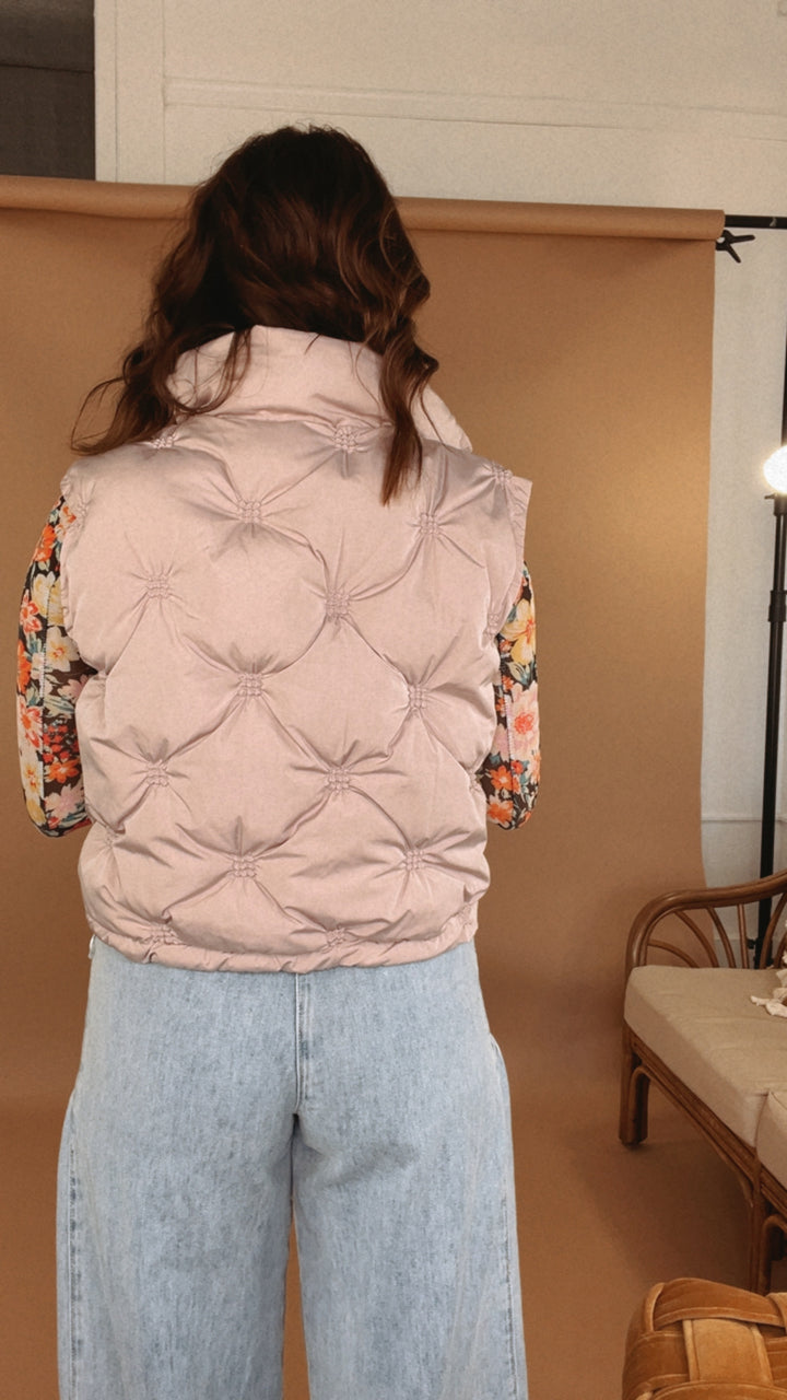 Crop Puffer Vest, Ash Rose