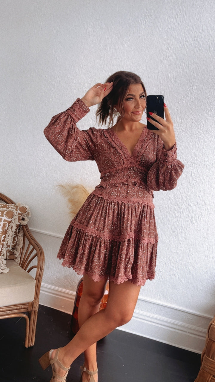 Effortless Charm Lace Tiered Mini Dress, Wine