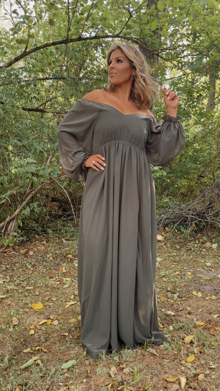 ECB Exclusive: Timeless Romantic Chiffon Maxi Dress, Olive