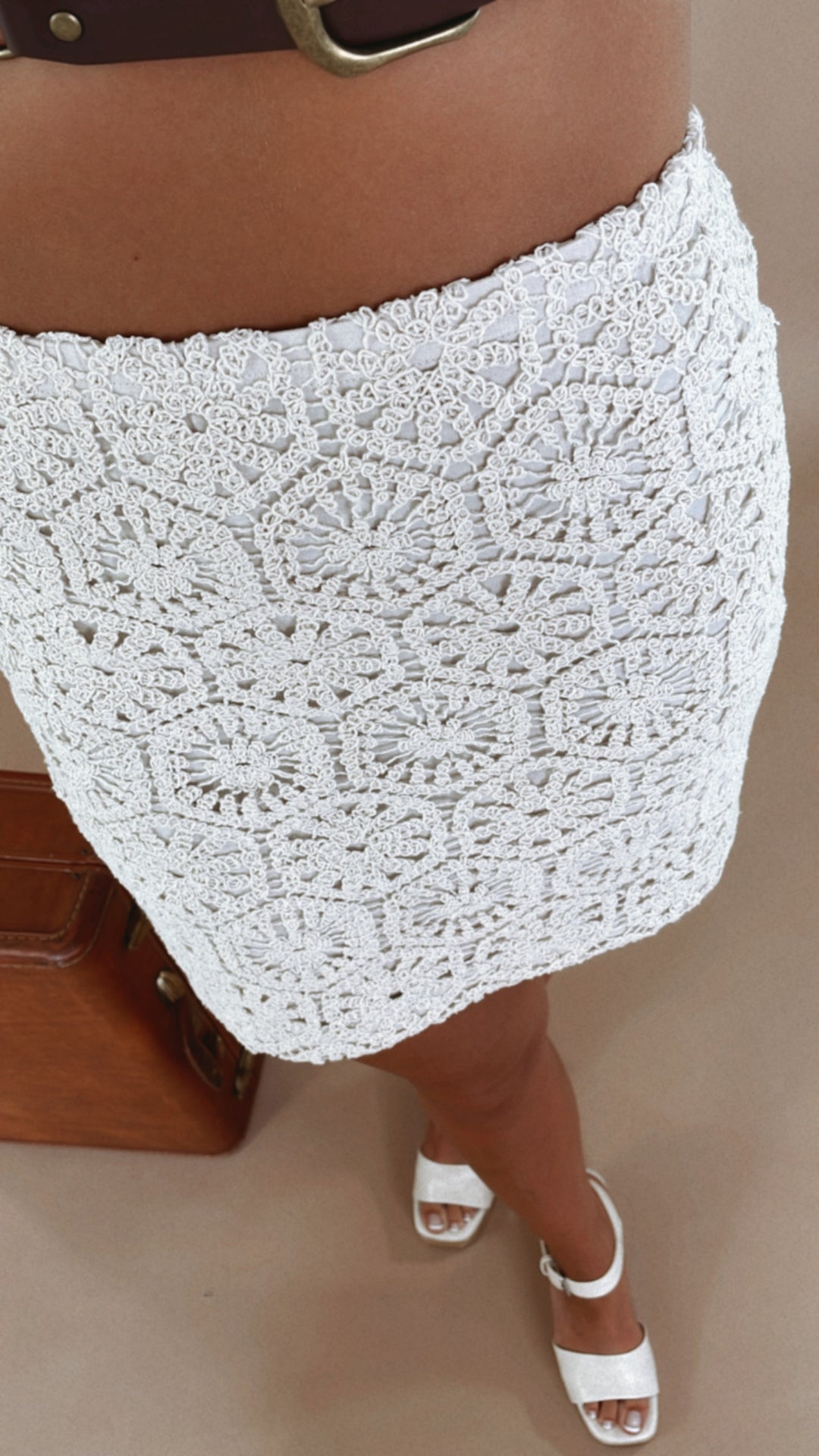 Crochet Mini Skirt, Beige