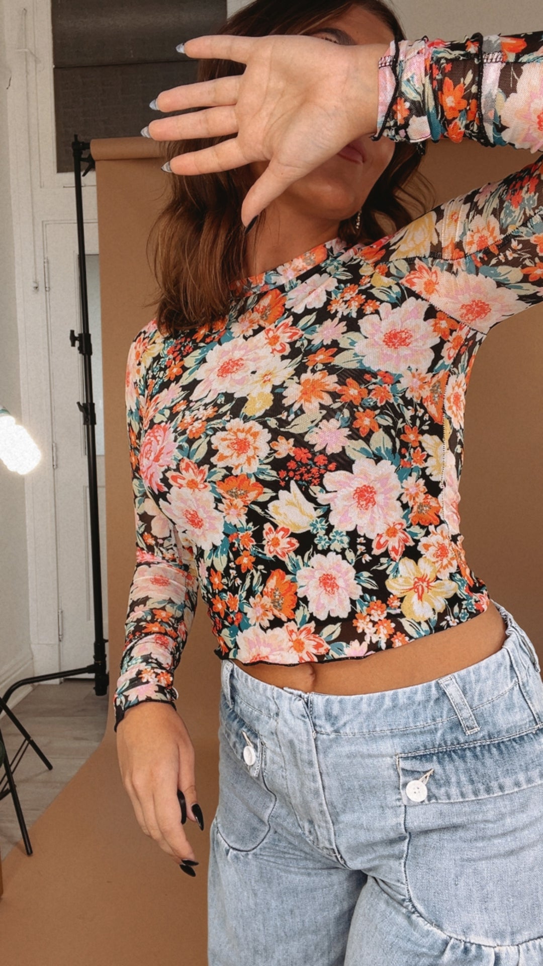 Floral Mesh Long Sleeve Top, Black