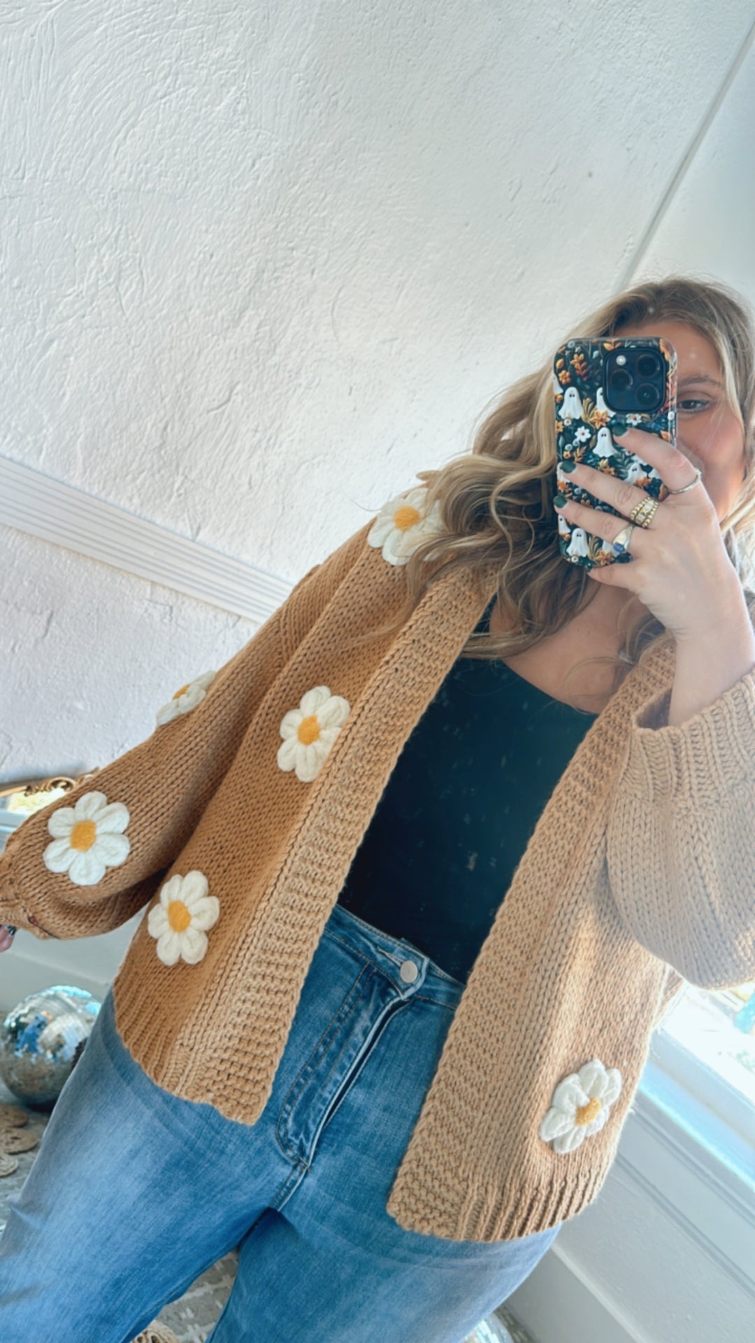 Touch Of Daisy Floral Knit Cardi, Camel