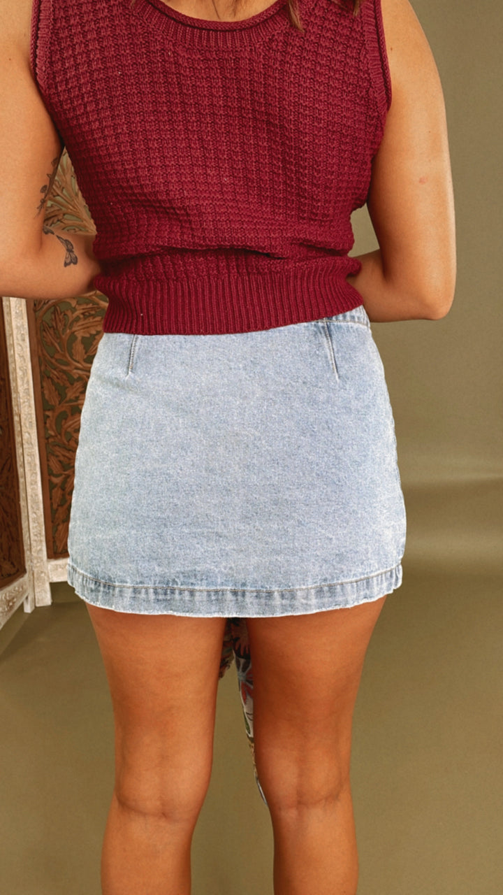 Wren Distressed Wrap Mini Skirt, Denim