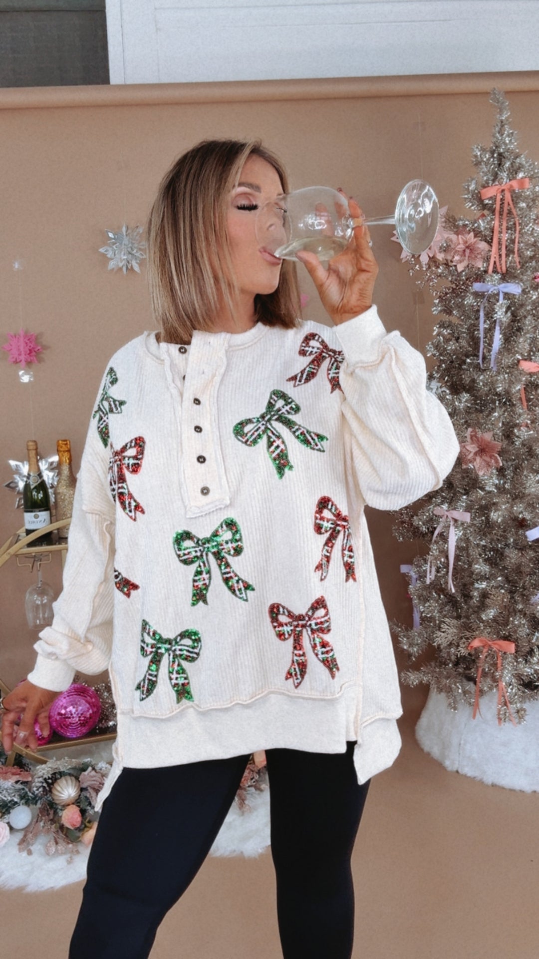 Full Of Cheer Sequin Bow Long Sleeve Top