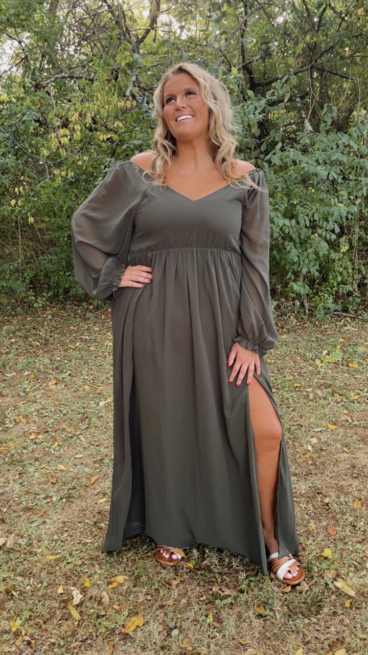 ECB Exclusive: Timeless Romantic Chiffon Maxi Dress, Olive