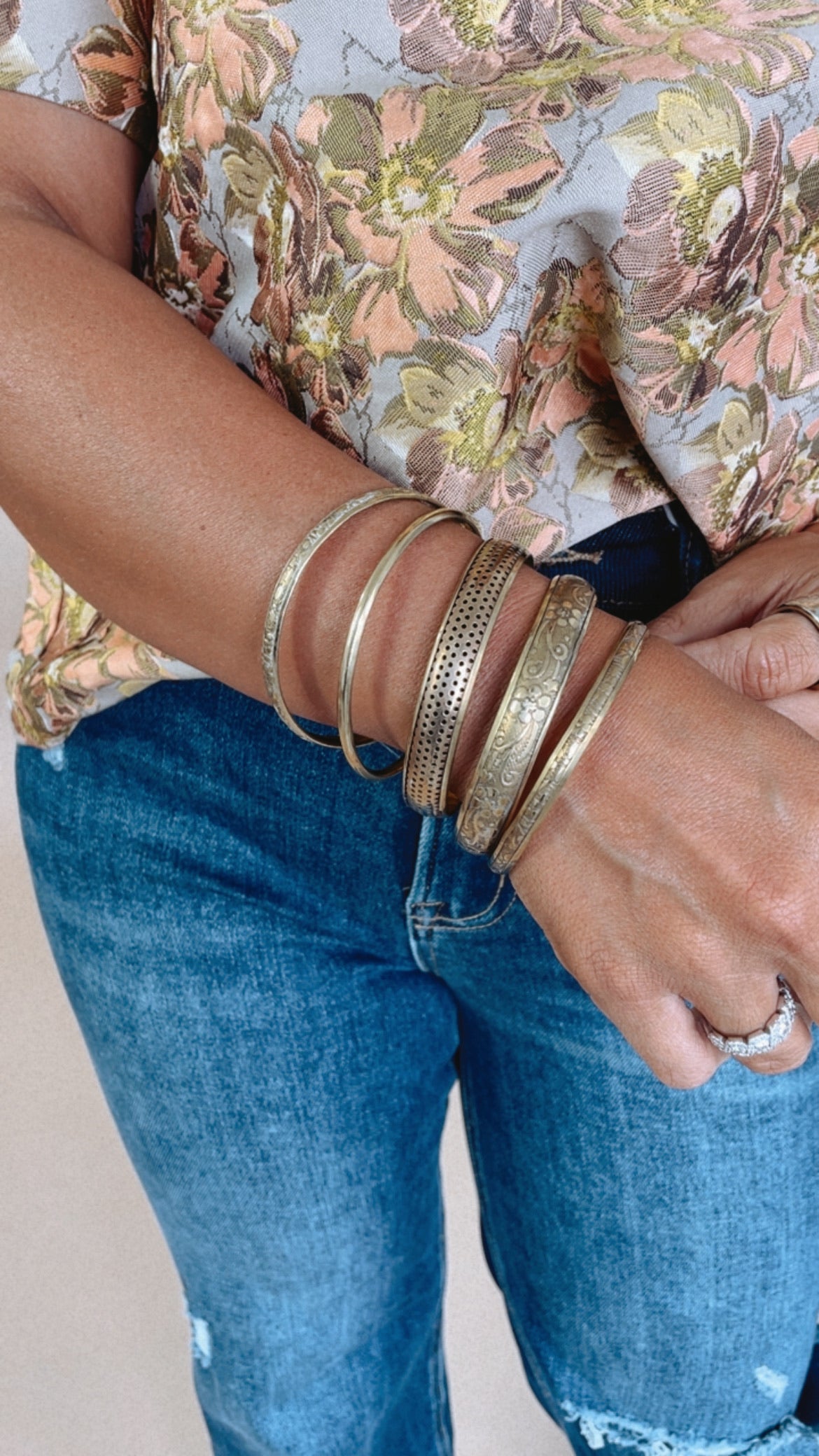 Vintage Days Floral Embossed 5 Stack Bangle Set Gold Everyday Chic Boutique