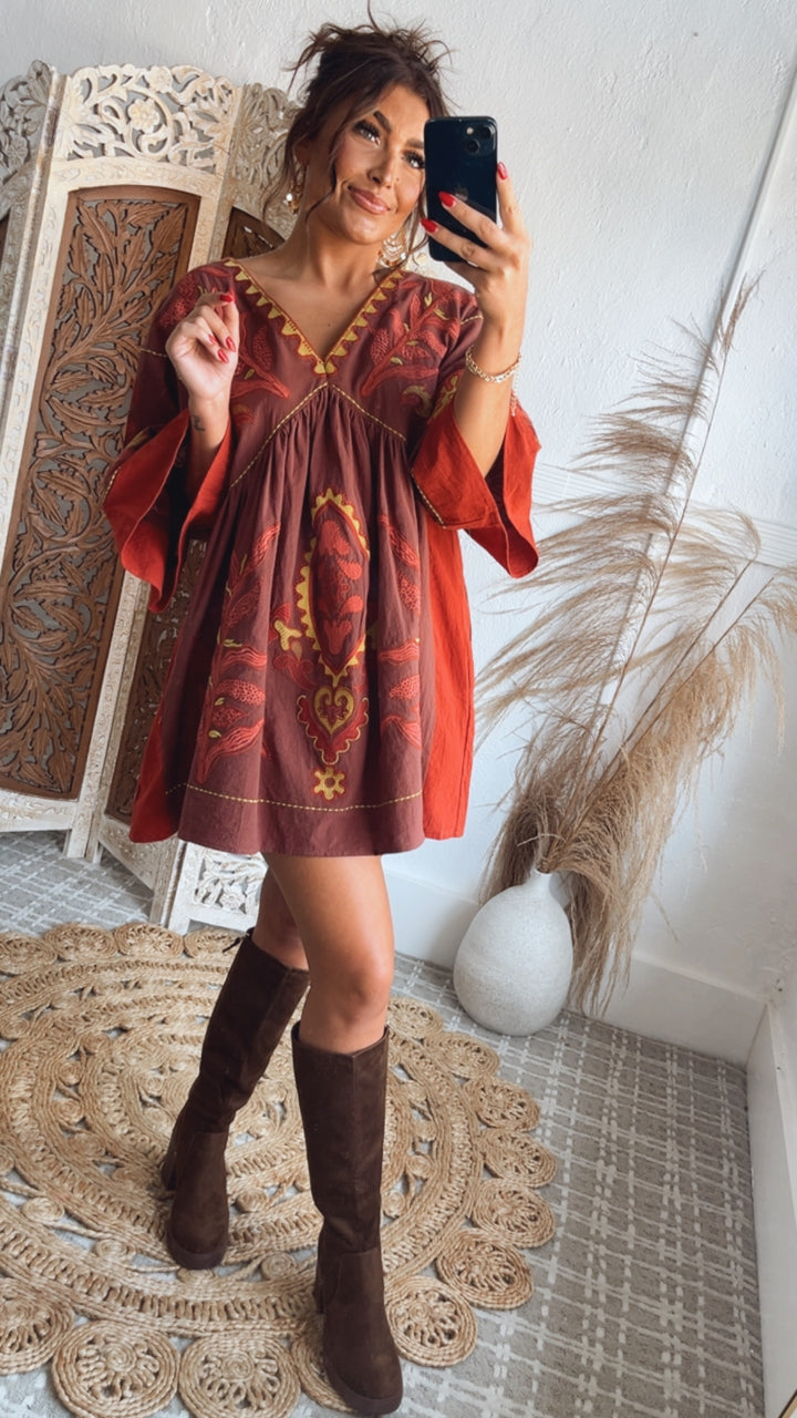 Vintage Love Boho Embroidered Mini Dress, Red