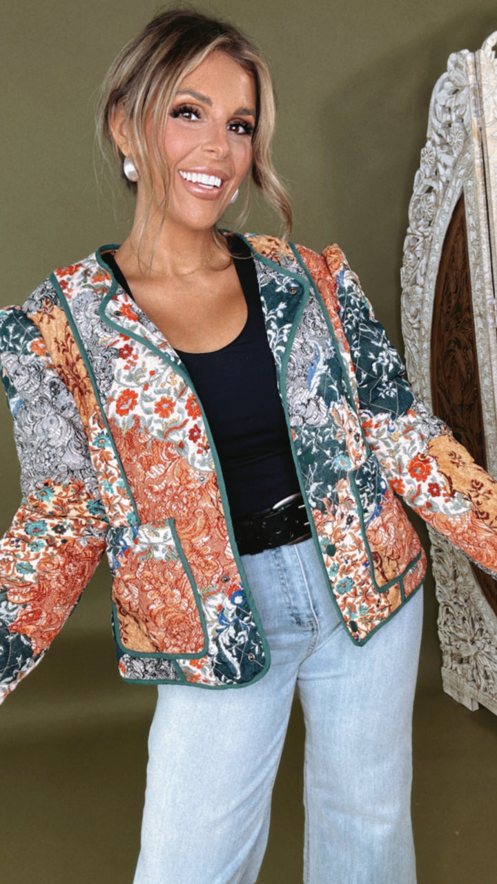 Dream in Patterns Quilted Patchwork Jacket, Navy