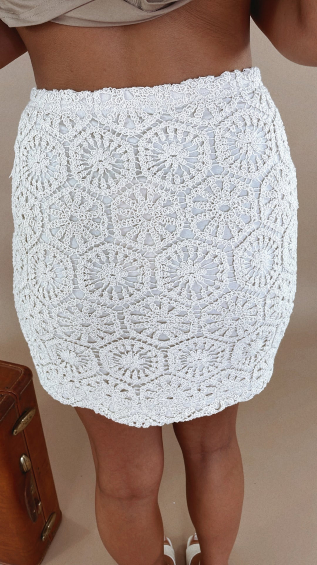 Crochet Mini Skirt, Beige