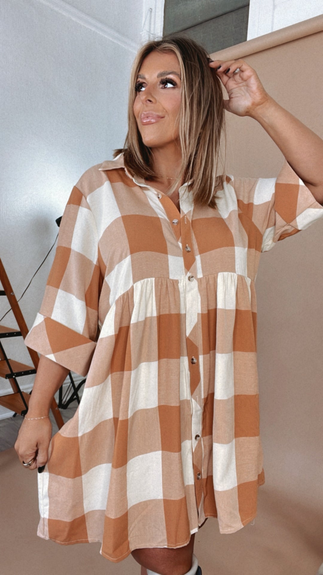 What You Need Plaid Short Sleeve Mini Dress, Rust