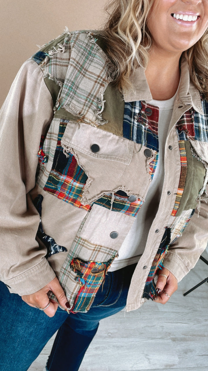 Care Free Plaid Patch Button Down Jacket, Khaki