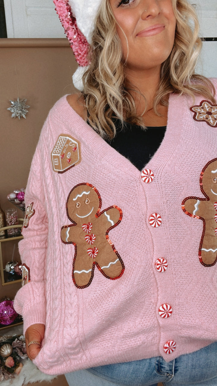 Holiday Gingerbread Man Cardi, Pink