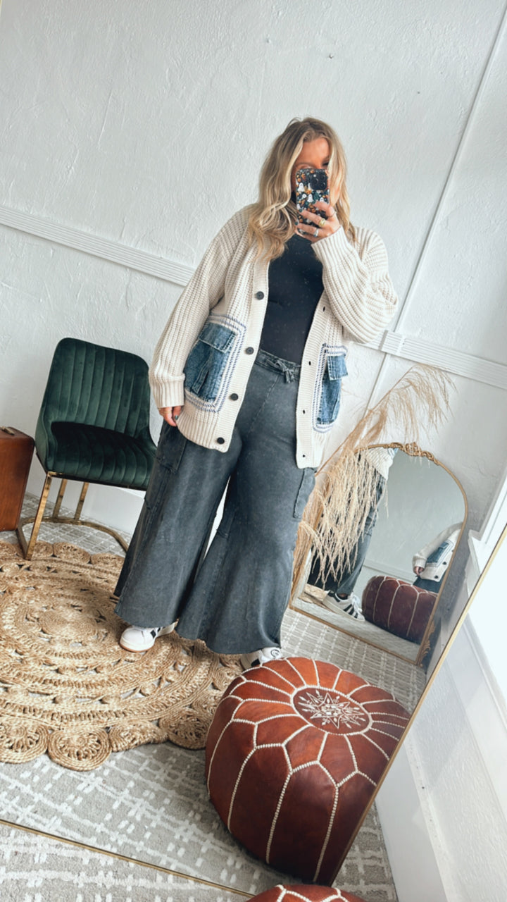 Easy Street Jean Pocket Oversized Cardi, Oatmeal/Denim