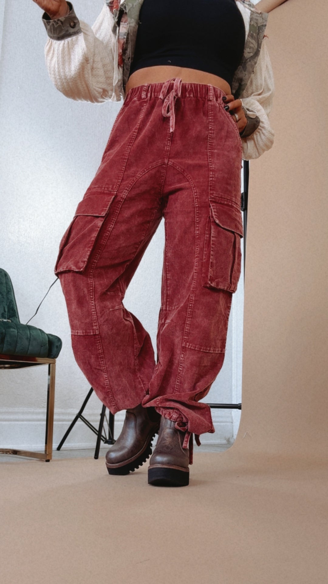 A List Corduroy Drawstring Cargo Pant, Burgundy