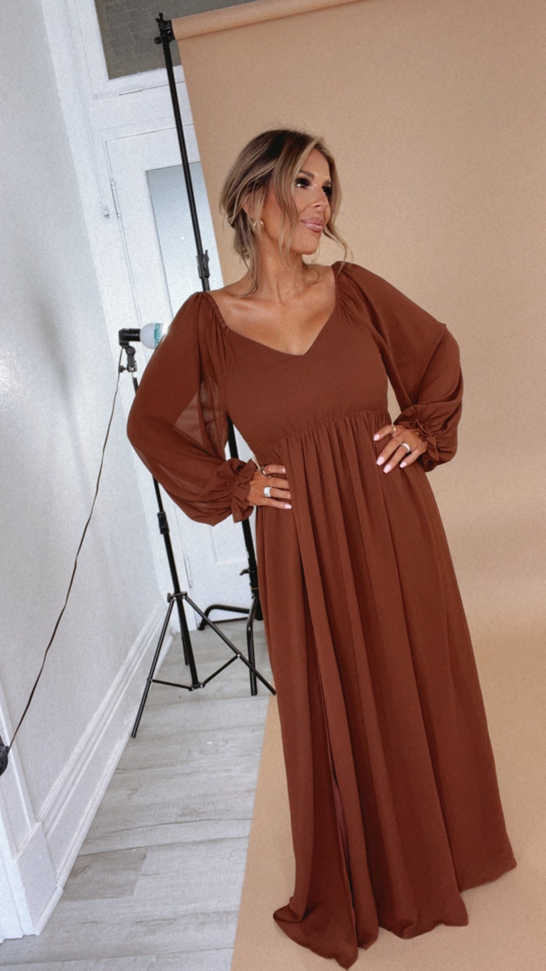 PREORDER 10.7.24 ECB Exclusive: Timeless Romantic Chiffon Maxi Dress, Brown