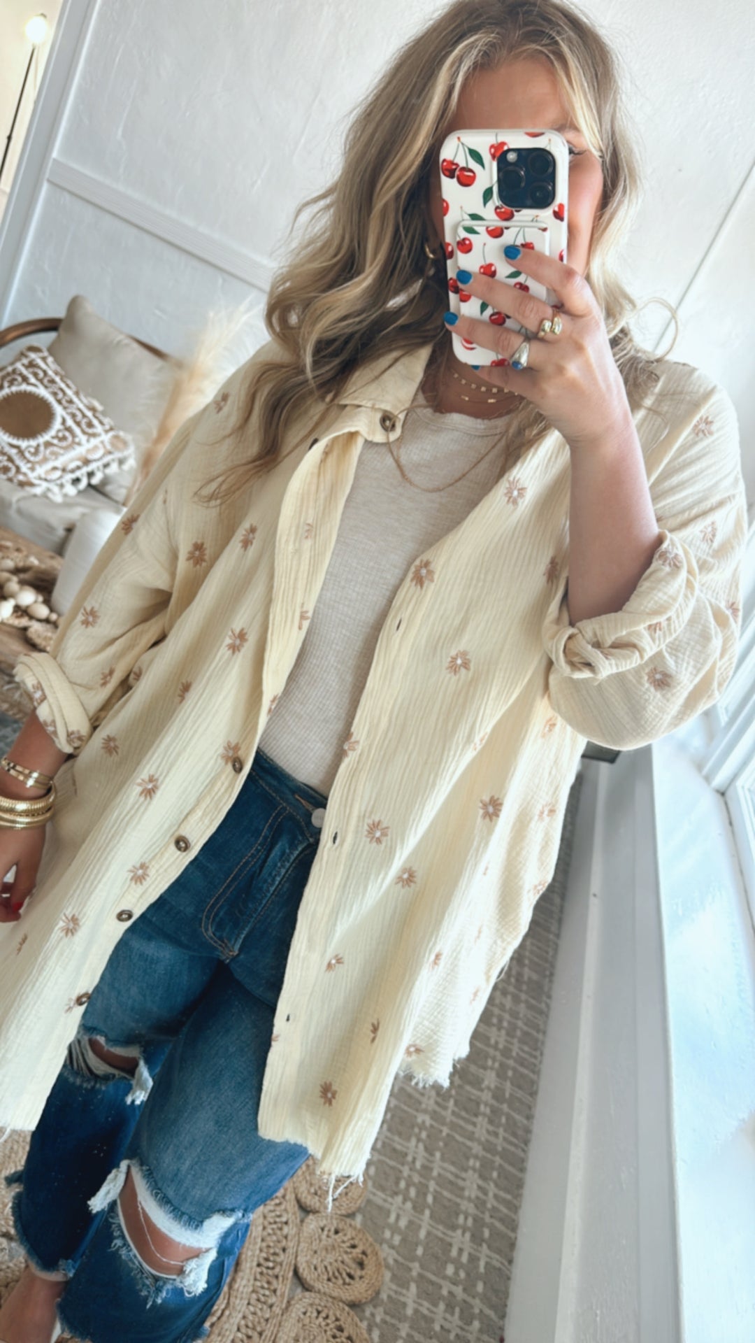 Oversized Button Up Floral Embroidered Top, Cream