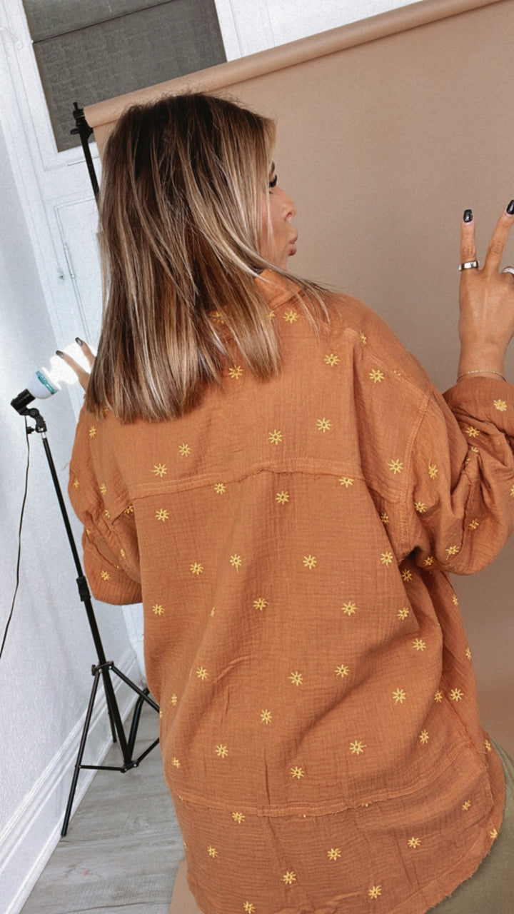 Sunny Days Embroidered Button Up, Camel