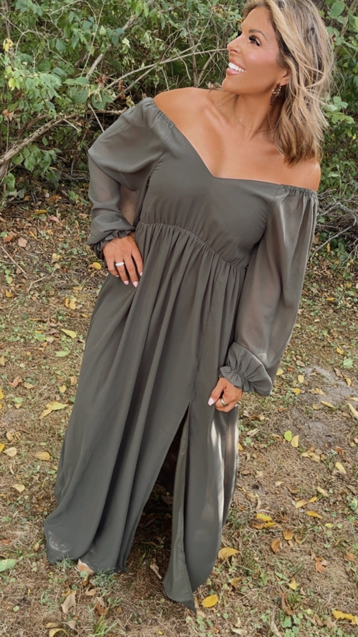 ECB Exclusive: Timeless Romantic Chiffon Maxi Dress, Olive