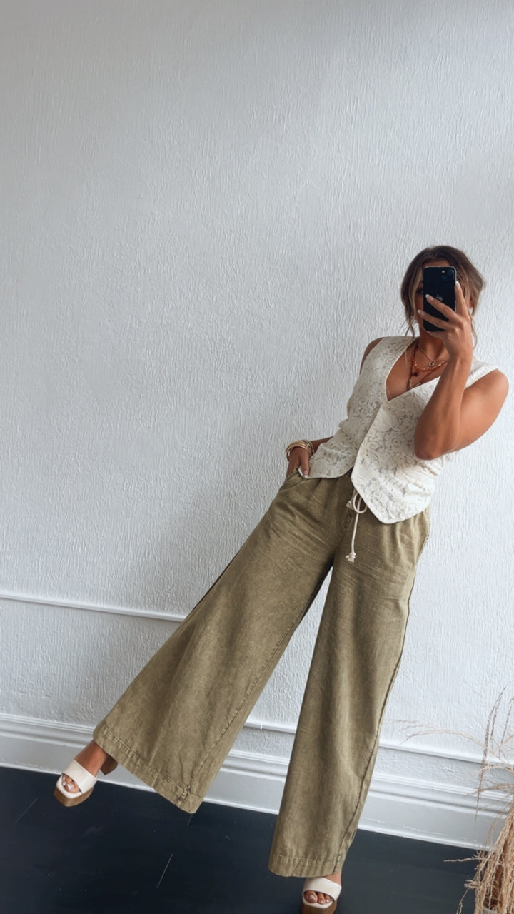 Mix It Up Mineral Washed Wide Leg Pants, Olive