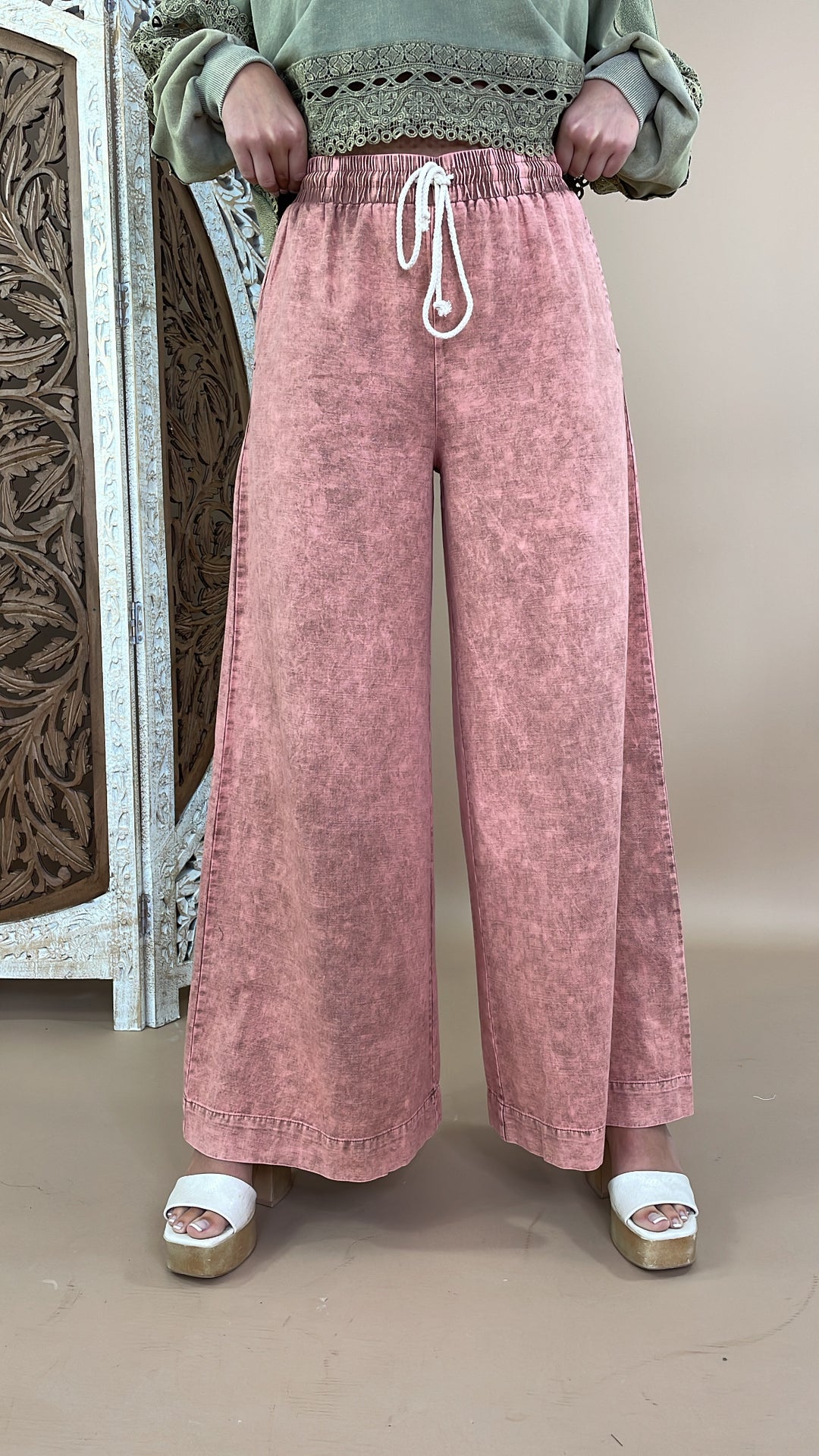 Mix It Up Mineral Washed Wide Leg Pants, Brown