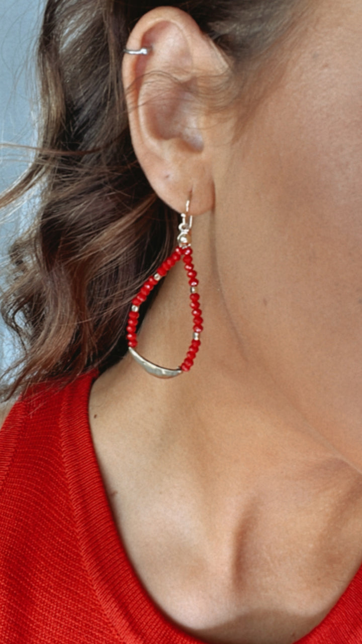 Teardrop Beaded Earring , Red