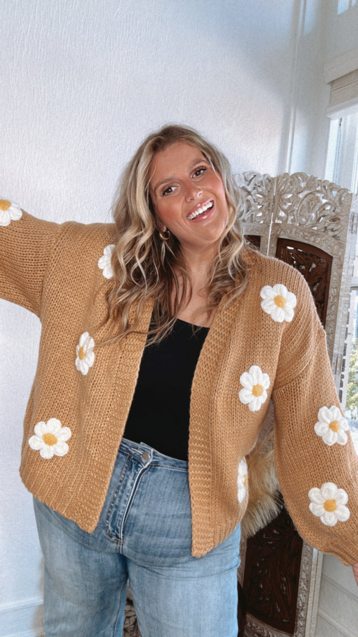 Touch Of Daisy Floral Knit Cardi, Camel