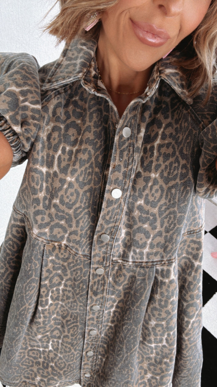 All Sass Leopard Print Button Denim Dress