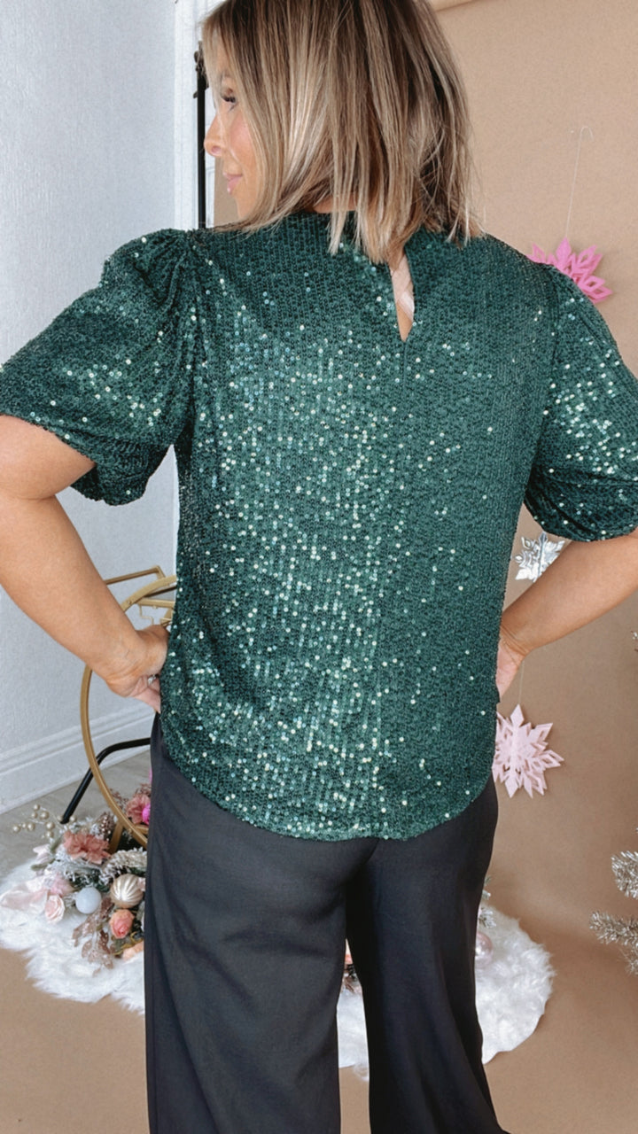 More Cheer Half Puff Sleeve Sequin Top, Green