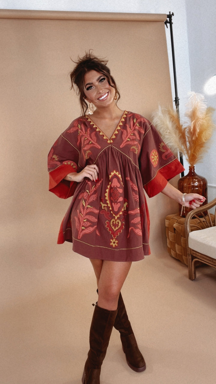 Vintage Love Boho Embroidered Mini Dress, Red