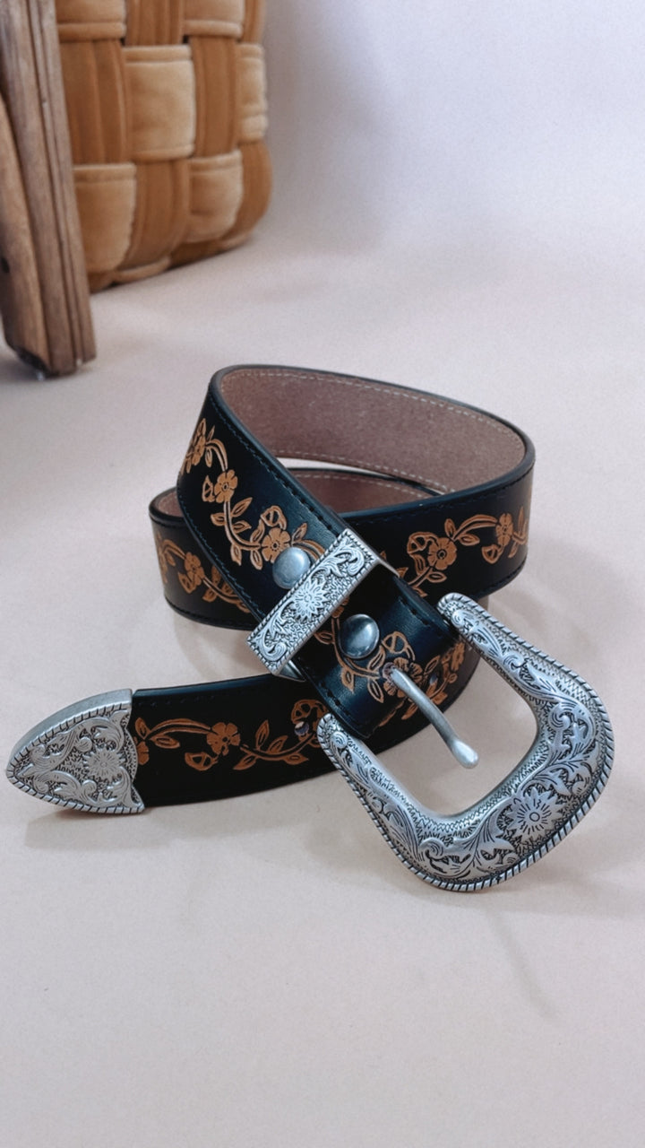 Delilah Vintage Western Floral Belt, Black