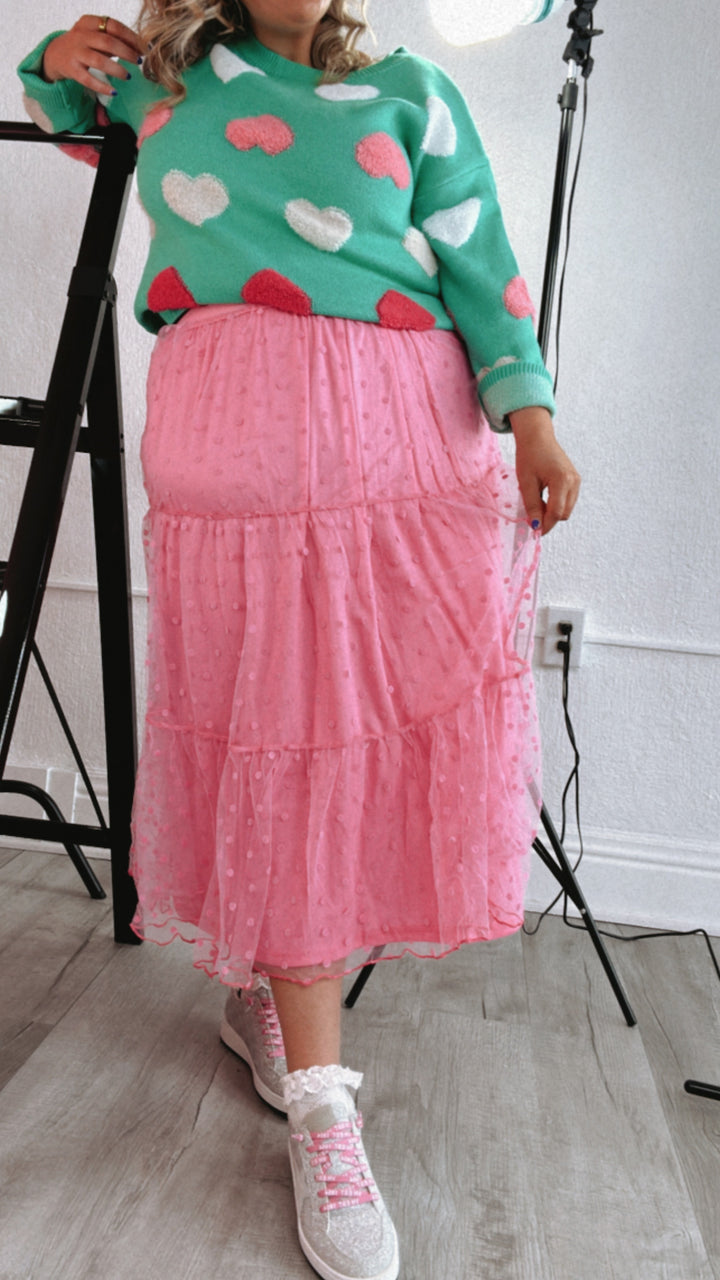 Mesh Dot Tiered Maxi Skirt, Fuchsia