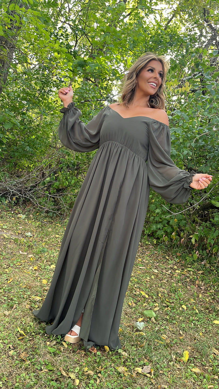 ECB Exclusive: Timeless Romantic Chiffon Maxi Dress, Olive