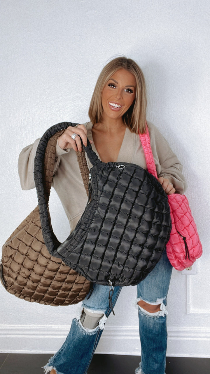 Quilted Puffer Carryall Bag, Brown