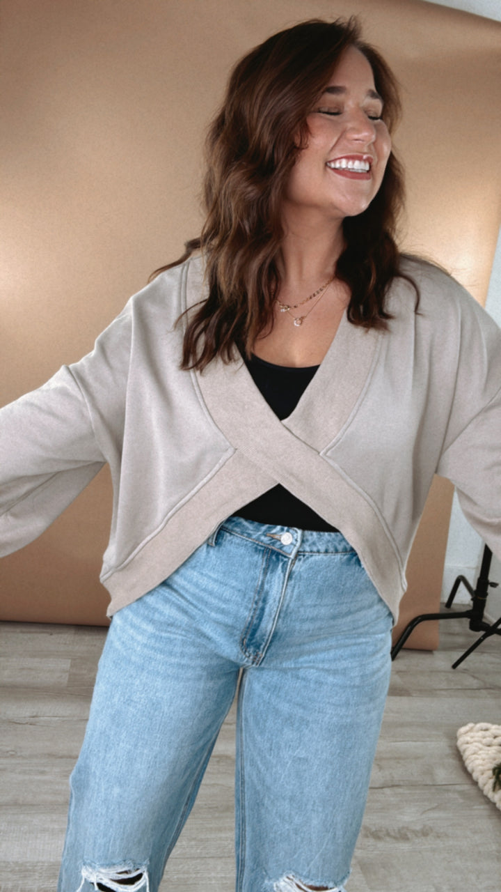 POL: Criss Cross Reversible Sweatshirt, Taupe Grey