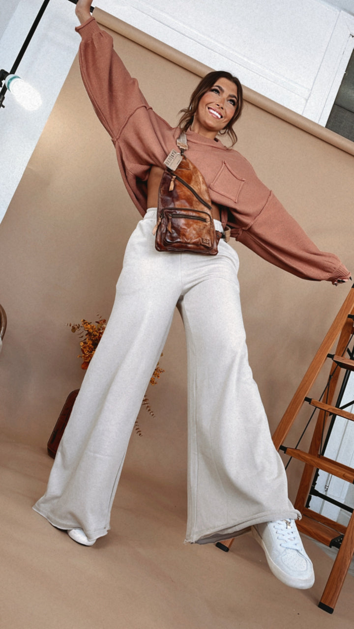 French Terry Wide Leg Sweatpants, Sand