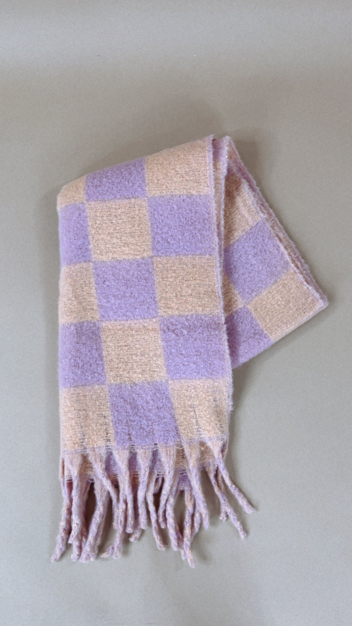 Fuzzy Checkered Scarf , Peach