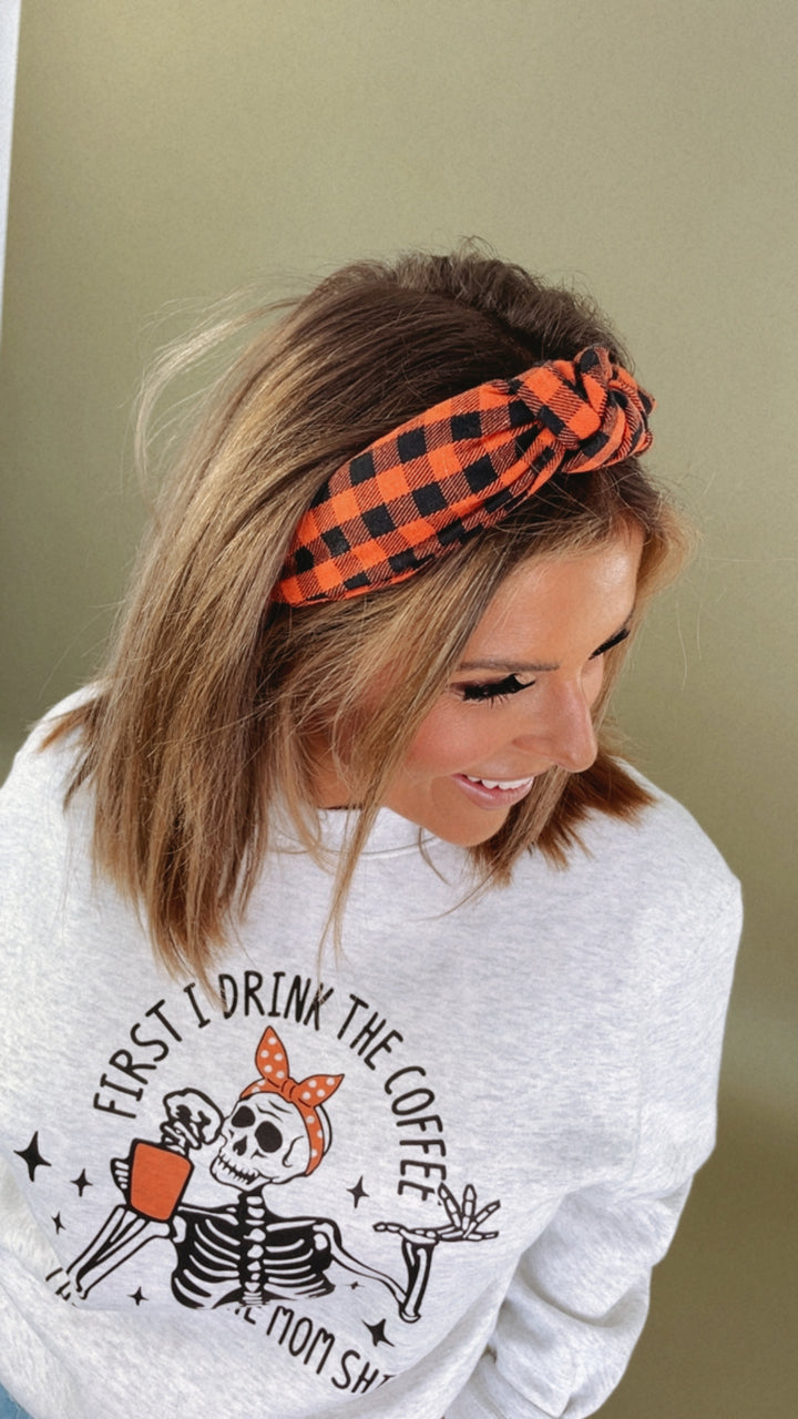 Gingham Headband, Orange/ Black